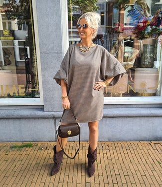 Oversized Jurk Gesmokte Mouw Ruit Beige