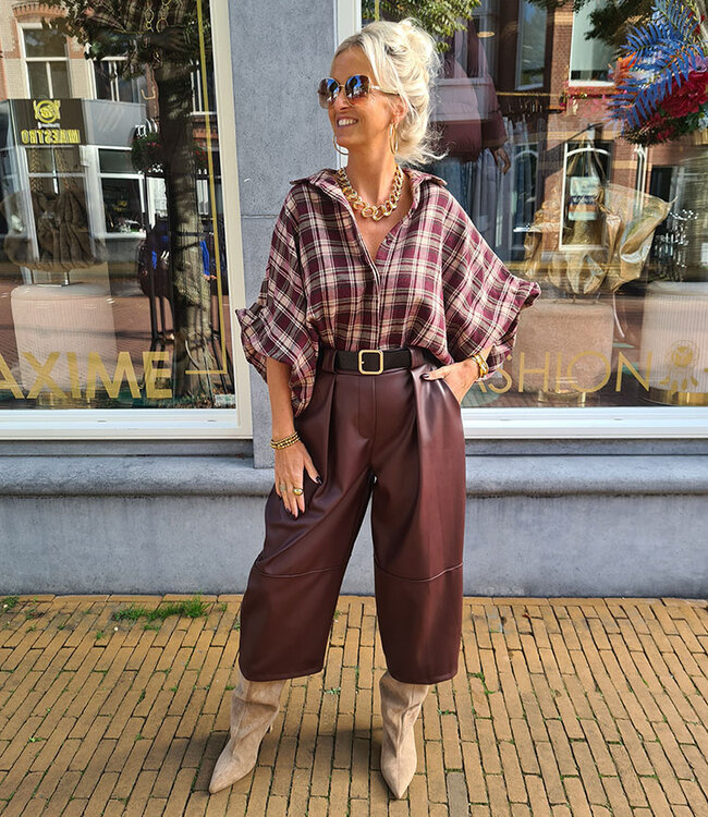Blouse Mouw Gesmokt Ruit Bordeaux/Beige