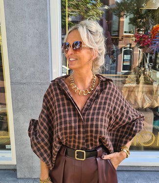 Blouse Mouw Gesmokt Ruit Bruin/Bordeaux
