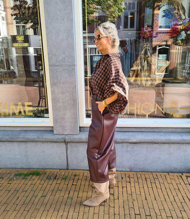 Blouse Mouw Gesmokt Ruit Bruin/Bordeaux