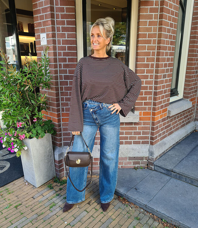 Basic Longsleeve Streepjes Donkerbruin/Wit