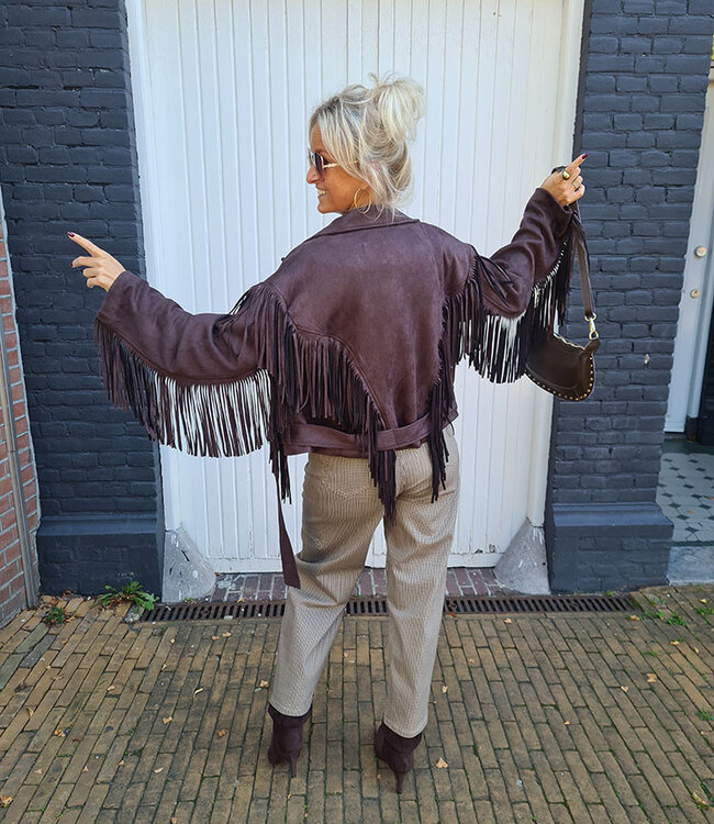 Suedelook Franje Jacket Donkerbruin