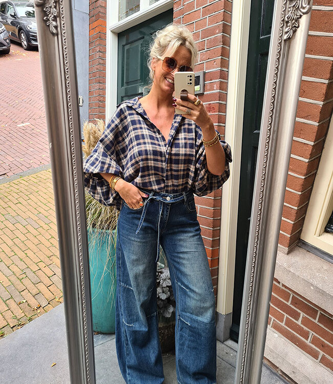 Blouse Ruit Gesmokt Zachtestof Donkerblauw