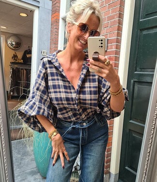 Blouse Ruit Gesmokt Zachtestof Donkerblauw