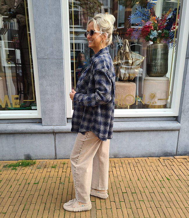 Oversized Ruiten Blouse Blauw Strass