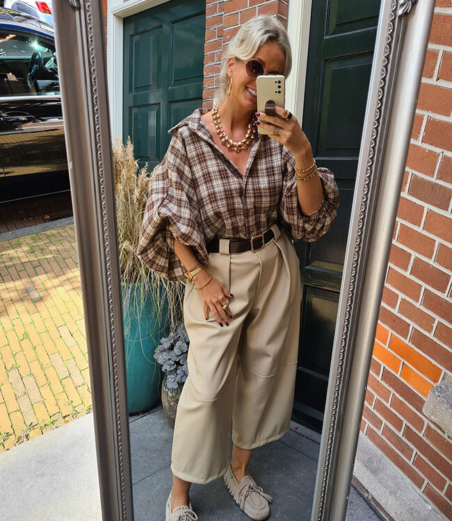 BM Geruite Blouse Gesmokte mouw Beige 2.0