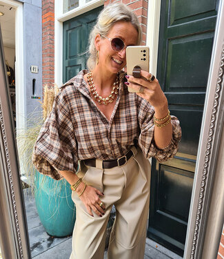 BM Geruite Blouse Gesmokte mouw Beige 2.0