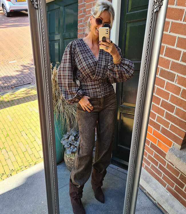 Blouse Pofmouw Vhals Getailleerd Ruit
