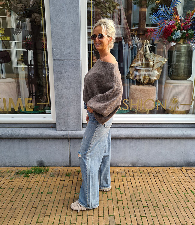 Offshoulder Trui Ballonmouw Donker Taupe