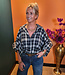 Blouse Gesmokte Mouw Ruit Strass Blauw