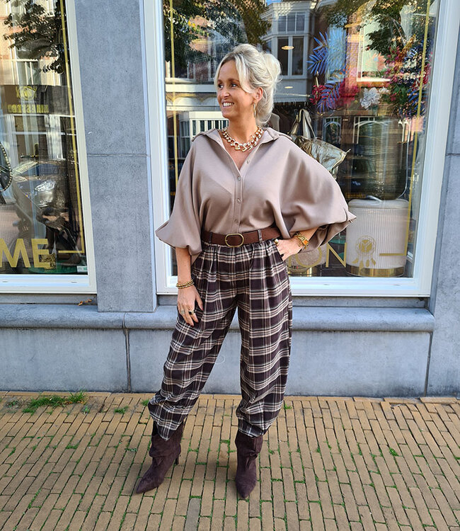 BM Blouse Gesmokte Mouw Jogstof Taupe