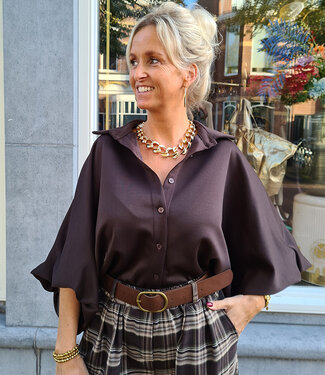 BM Blouse Gesmokte Mouw Jogstof Donkerbruin