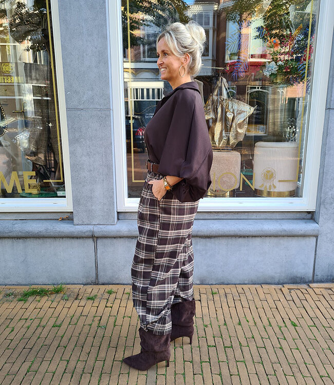 BM Blouse Gesmokte Mouw Jogstof Donkerbruin