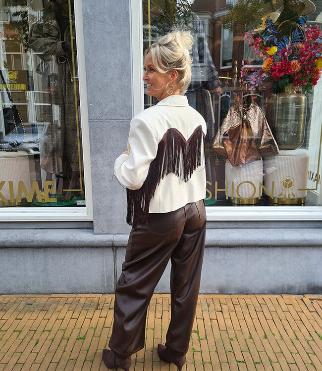 Korte Blazer Roomwit/ Bruine Franje
