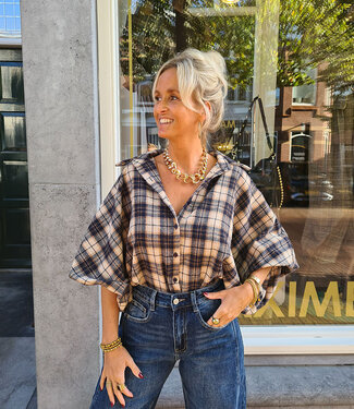 Blouse Mouw Gesmokt Ruit Crème/Beige/Blauw