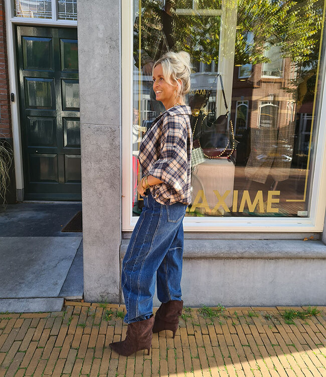 Blouse Mouw Gesmokt Ruit Crème/Beige/Blauw