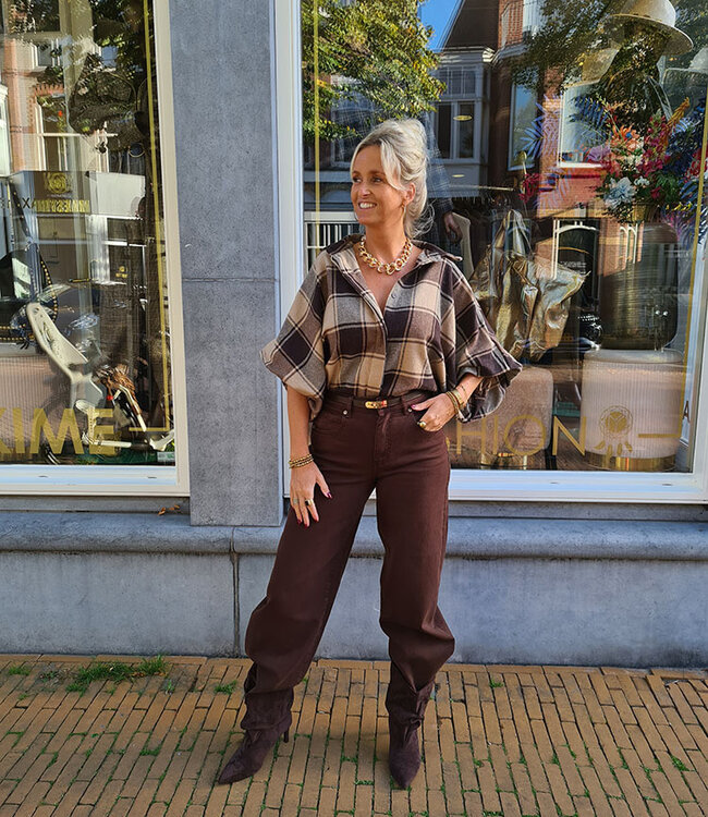 Blouse Grove Ruit Gesmokte Mouw Bruin/Beige