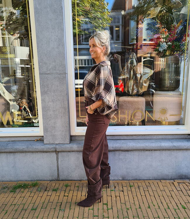 Blouse Grove Ruit Gesmokte Mouw Bruin/Beige