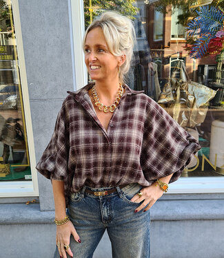 Blouse Gesmokte Mouw Ruit Strass Bruin