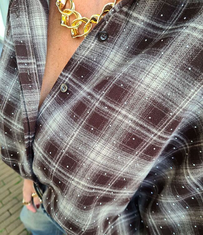 Blouse Gesmokte Mouw Ruit Strass Bruin