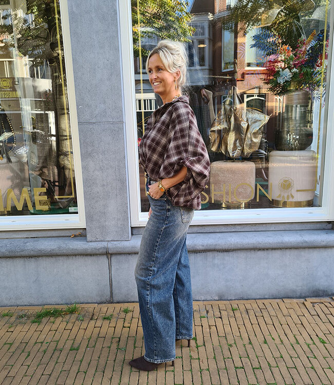 Blouse Gesmokte Mouw Ruit Strass Bruin