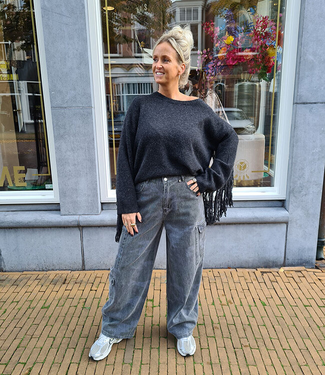 Oversized Knit Trui met Franjers/Studs Dark Grey