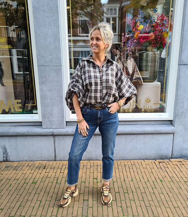 BM Geruite Blouse Gesmokte mouw Donker 2.0