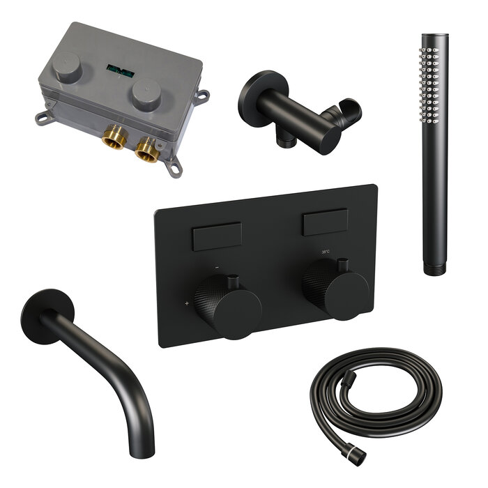 Brauer Black Carving thermostatische inbouw badkraan SET 03 mat zwart - met uitloop en handdouche