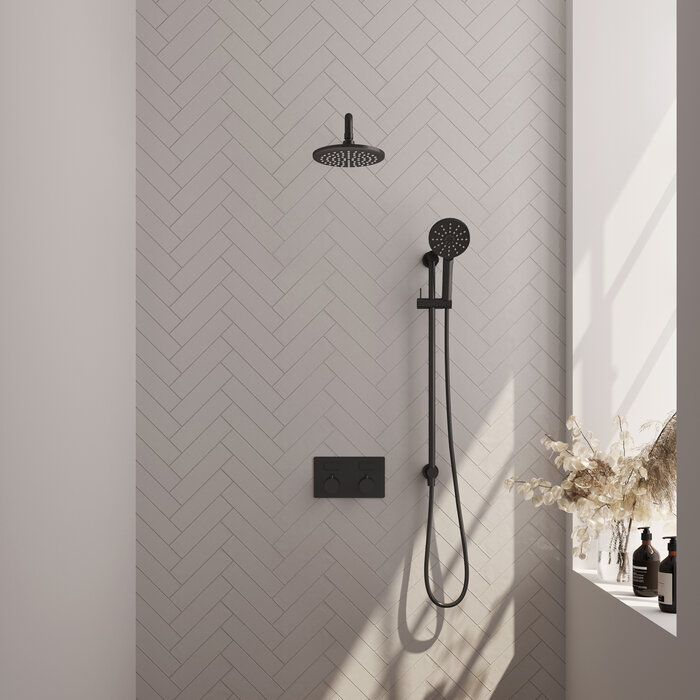 Brauer Black Carving thermostatische regendouche set met drukknoppen en 3-standen handdouche mat zwart