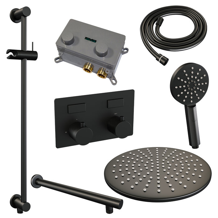Brauer Mat zwarte BRAUER Black Carving thermostatische inbouw regendouche set met drukknoppen en 3-standen handdouche - 30 cm douchekop, rechte muurarm, en geïntegreerde glijstang