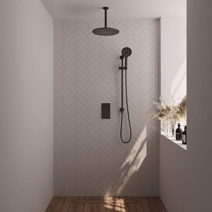 Brauer Mat zwart regendouche set met thermostaat en 3-weg omstelling