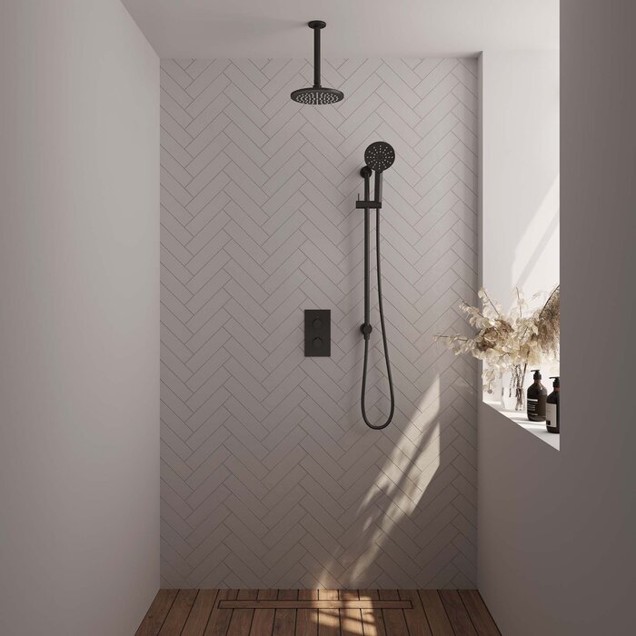 Brauer Mat zwart regendoucheset met thermostaat, 3-weg omstelling, 20 cm douchekop, handdouche, doucheslang en glijstang