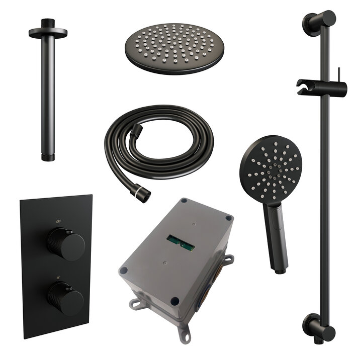 Brauer Mat zwart regendoucheset met thermostaat, 3-weg omstelling, 20 cm douchekop, handdouche, doucheslang en glijstang