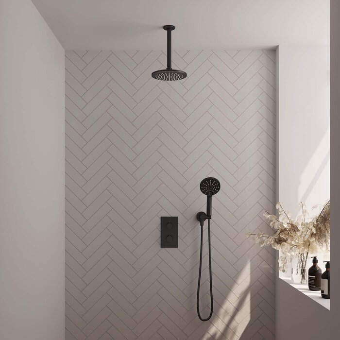 Brauer Mat zwarte inbouw regendouche 3-weg omstelling set 35 met thermostaat, 20 cm douchekop, plafondarm, handdouche, doucheslang en wandaansluitbocht