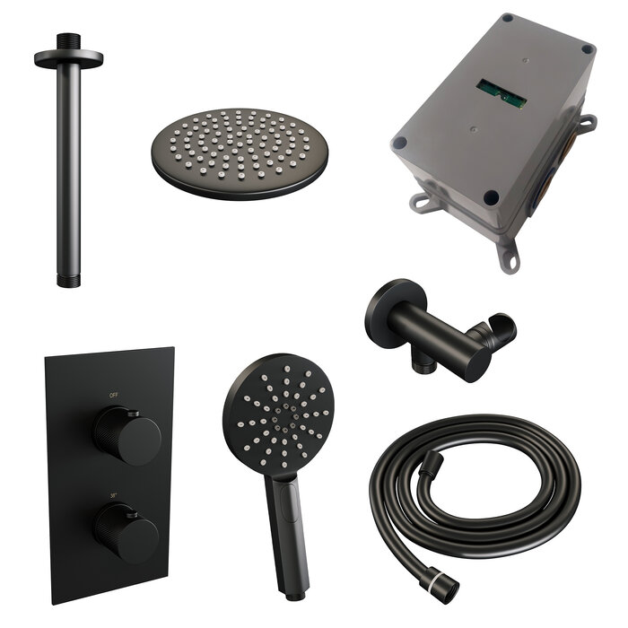 Brauer Mat zwarte inbouw regendouche 3-weg omstelling set 35 met thermostaat, 20 cm douchekop, plafondarm, handdouche, doucheslang en wandaansluitbocht