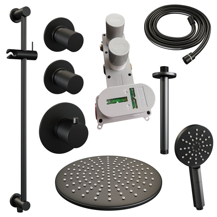 Brauer Black Carving thermostatische inbouw regendouche set 24 met 30 cm douchekop en plafondarm