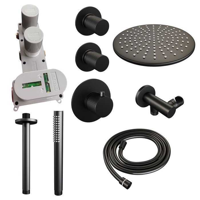 Brauer Inbouw regendouche SET 06 met thermostaat, 30 cm douchekop, plafondarm, staaf handdouche, doucheslang en wandaansluitbocht - Mat zwart