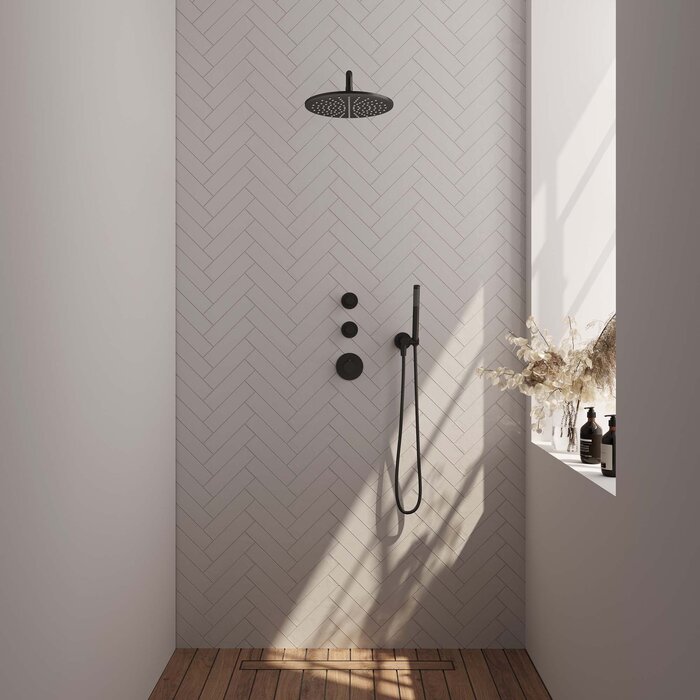 Brauer Black Carving thermostatische inbouw regendouche set met 30cm douchekop en gebogen muurarm, staaf handdouche en doucheslang, mat zwart