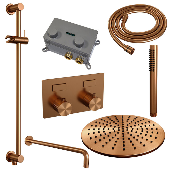 Brauer BRAUER Copper Carving thermostatische inbouw regendouche met drukknoppen SET 64 met 30 cm douchekop en gebogen muurarm en staaf handdouche en doucheslang en geïntegreerde glijstang koper geborsteld PVD