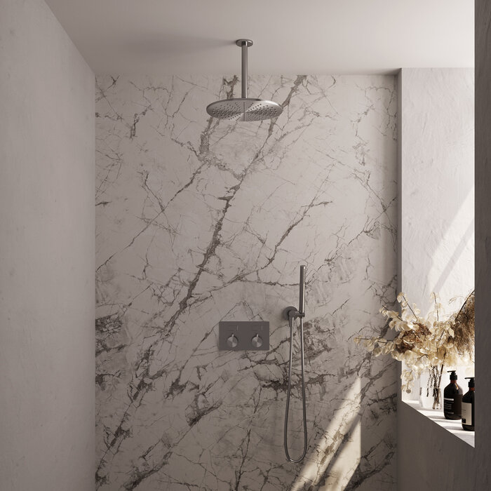 Brauer Brushed Edition thermostatische inbouw regendouche SET 54 - 30 cm douchekop, plafondarm, staaf handdouche, doucheslang en wandaansluitbocht in RVS geborsteld PVD