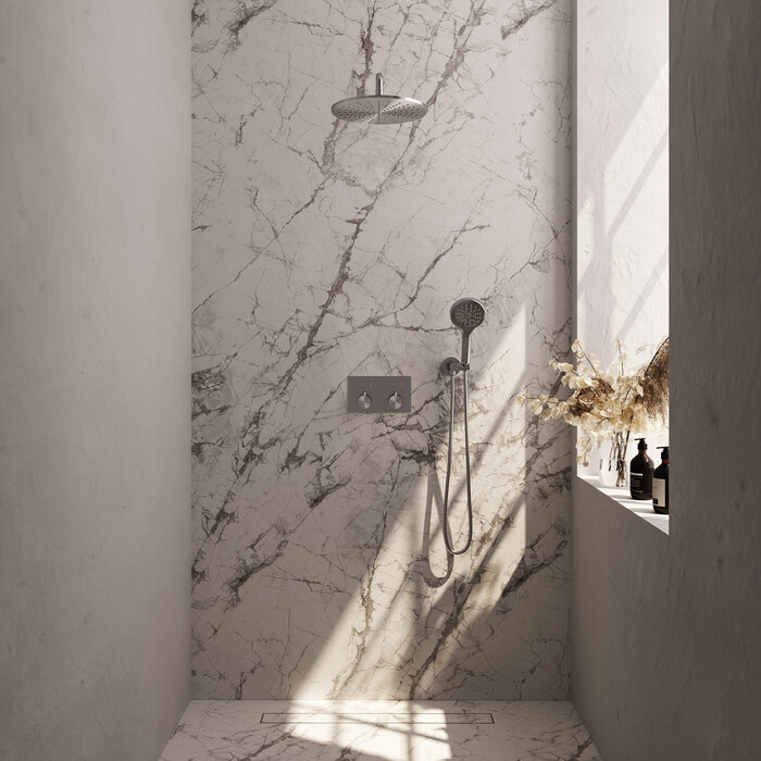 Brauer Brushed Edition thermostatische inbouw regendouche met drukknoppen SET 58 - 30 cm douchekop, gebogen muurarm, 3-standen handdouche, doucheslang en wandaansluitbocht RVS geborsteld PVD