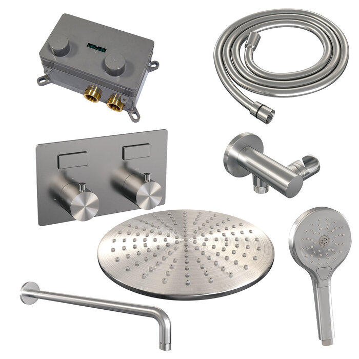 Brauer Brushed Edition thermostatische inbouw regendouche met drukknoppen SET 58 - 30 cm douchekop, gebogen muurarm, 3-standen handdouche, doucheslang en wandaansluitbocht RVS geborsteld PVD