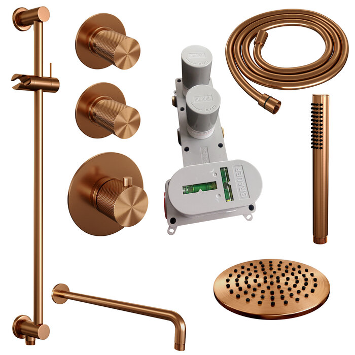 Brauer Copper Carving thermostatische inbouw regendouche SET 15 - 20 cm douchekop, gebogen muurarm, handdouche, doucheslang, geïntegreerde glijstang, koper geborsteld PVD