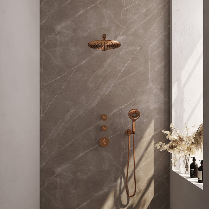 Brauer Koperen Thermostatische Inbouw Regendouche SET met 30 cm Douchekop en Handdouche - Koper Geborsteld