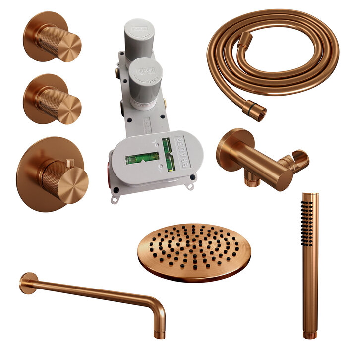 Brauer Copper Carving thermostatische inbouw regendouche SET 03 - 20 cm hoofddouche - gebogen muurarm - staaf handdouche