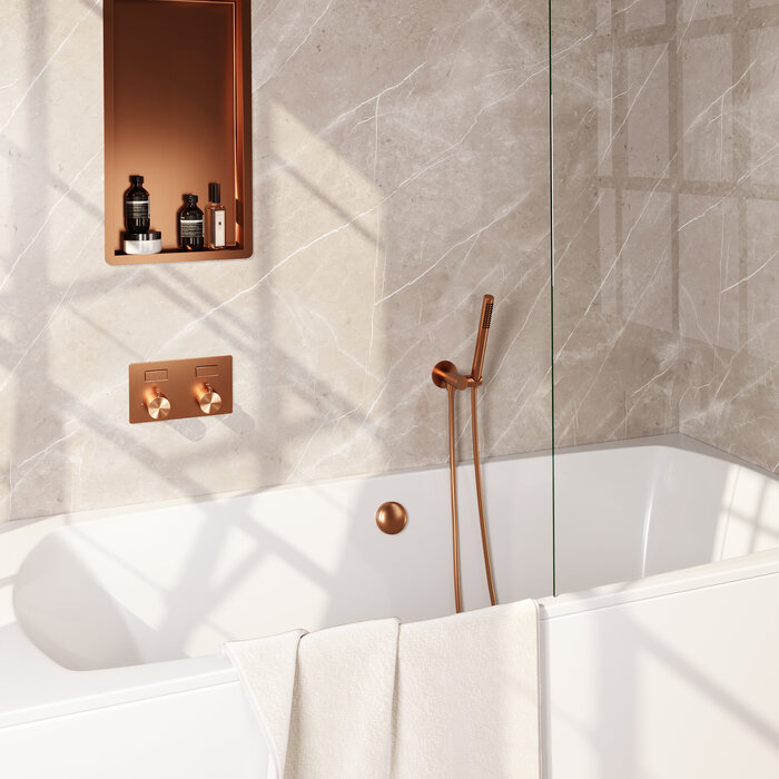 Brauer BRAUER Copper Carving thermostatische inbouw badkraan met drukknoppen SET 03 met badvulcombinatie en staaf handdouche en doucheslang en wandaansluitbocht koper geborsteld PVD