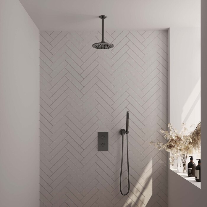 Brauer BRAUER Gunmetal Edition thermostatische inbouw regendouche 3-weg omstelling SET 29 met 20 cm douchekop en plafondarm en staaf handdouche en doucheslang en wandaansluitbocht gunmetal geborsteld PVD