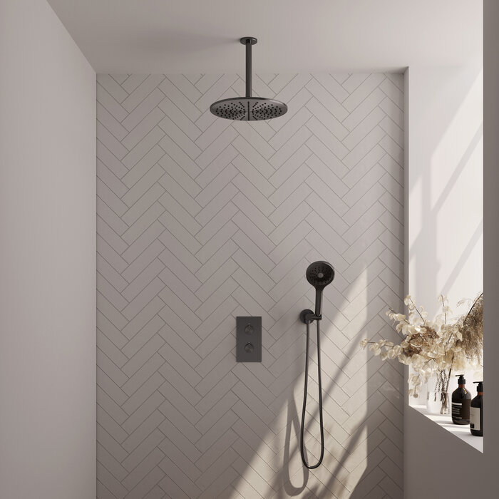 Brauer BRAUER Gunmetal Edition thermostatische inbouw regendouche 3-weg omstelling SET 36 met 30 cm douchekop en plafondarm en 3-standen handdouche en doucheslang en wandaansluitbocht gunmetal geborsteld PVD