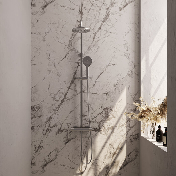 Brauer BRAUER Brushed Carving thermostatische regendouche SET 02, 20 cm douchekop, 3 standen handdouche, RVS geborsteld PVD.