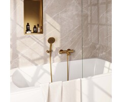 Brauer Gold Carving thermostaatkraan SET 04 met wandhouder, handdouche en doucheslang - goud geborsteld PVD